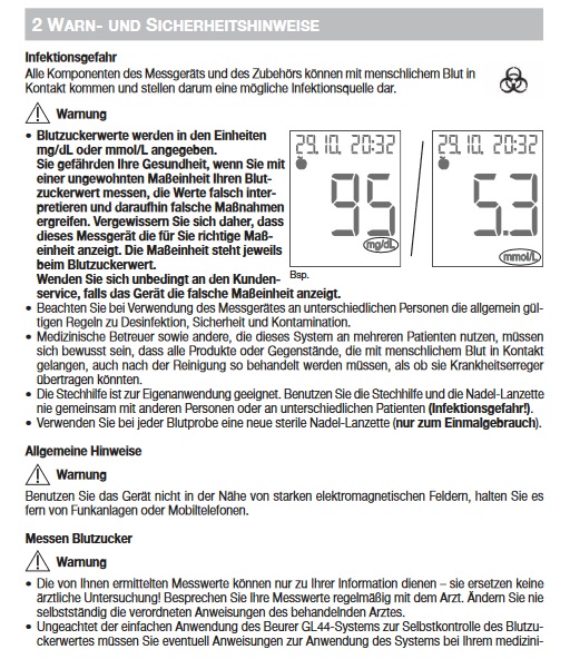 Beurer Blutzuckermessgerät GL44-Warnhinweise-Teil1